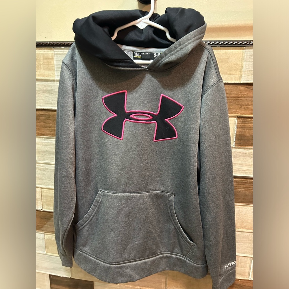 girls Under Armour hooded sweatshirt, size medium- gray/pink/black, like new